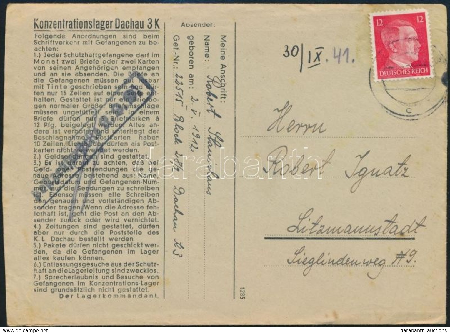 1941 Levél Tartalommal A Dachaui Koncentrációs Táborból Litzmannstadtba - Other & Unclassified