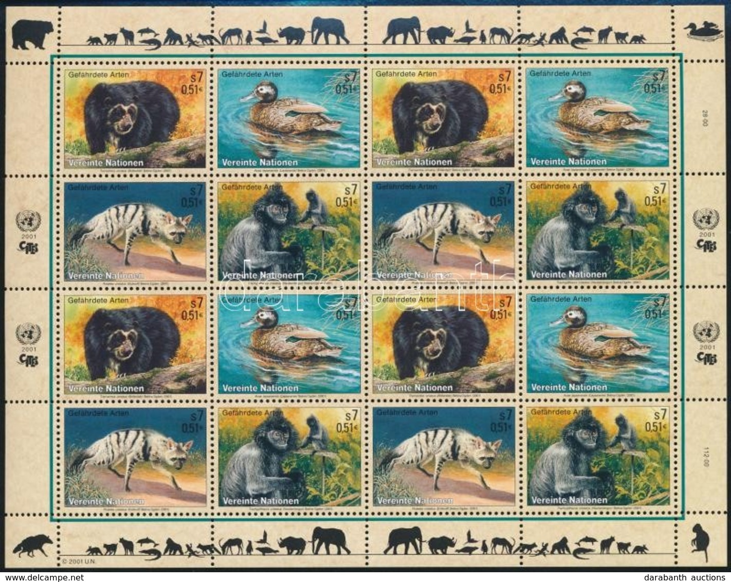 ** 2001 Veszélyeztetett állatok Kisív,
Endangered Species Minisheet
Mi 327-330 - Andere & Zonder Classificatie