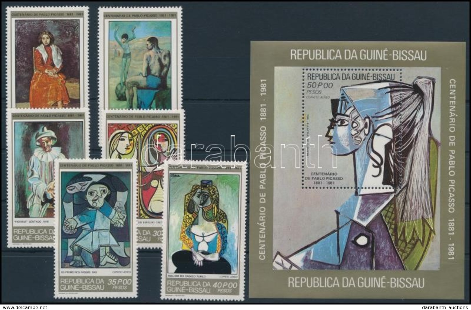 ** 1981 Picasso, Festmény Sor + Blokk,
Picasso, Painting Set + Block
Mi 602 A - 607 A + Mi 201 A - Autres & Non Classés