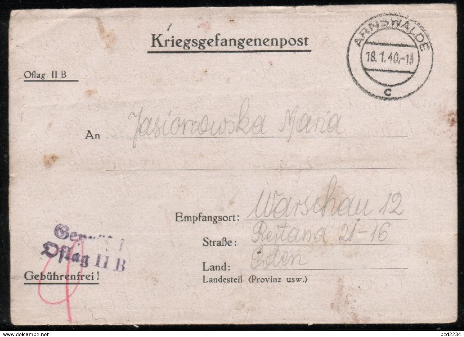 KRIEGSGEFANGENENPOST NAZI GERMANY THIRD REICH WW2 PRISONER OF WAR POW CAMP OFLAG IIB ARNSWALDE CHOSZCZNO TO WARSAW GG - Lettres & Documents