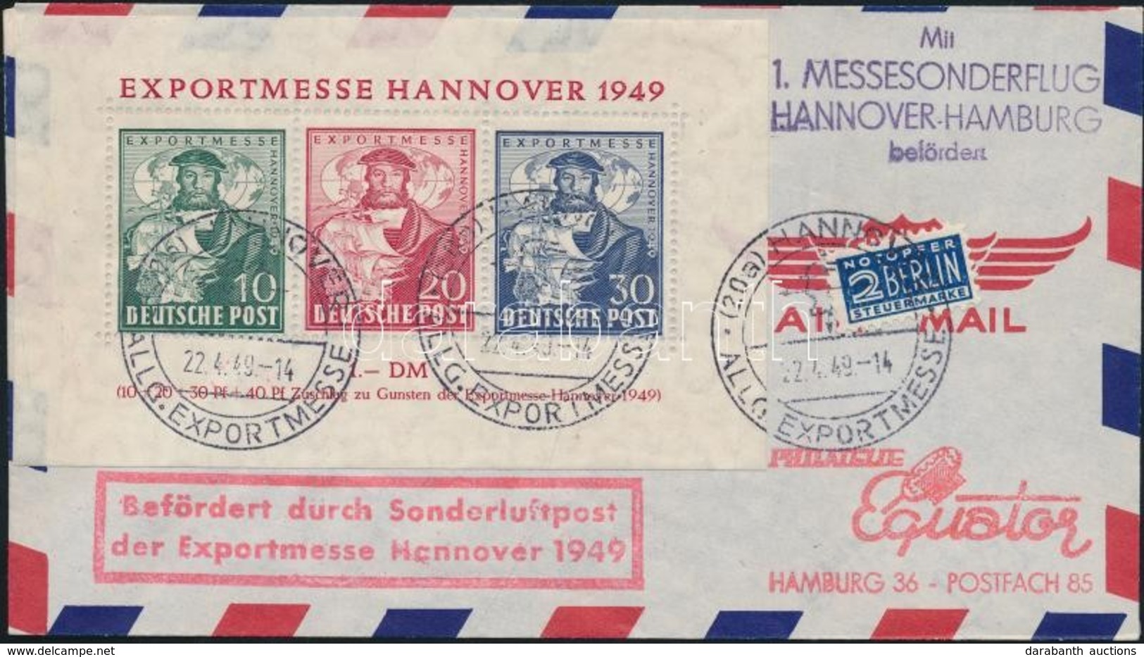 1949 Hannoveri Vásár Mi Blokk 1 Alkalmi Légi FDC Hannover - Hamburg Első Vásári Alkalmi Repüléssel / Mi. Block 1 FDC Wit - Andere & Zonder Classificatie