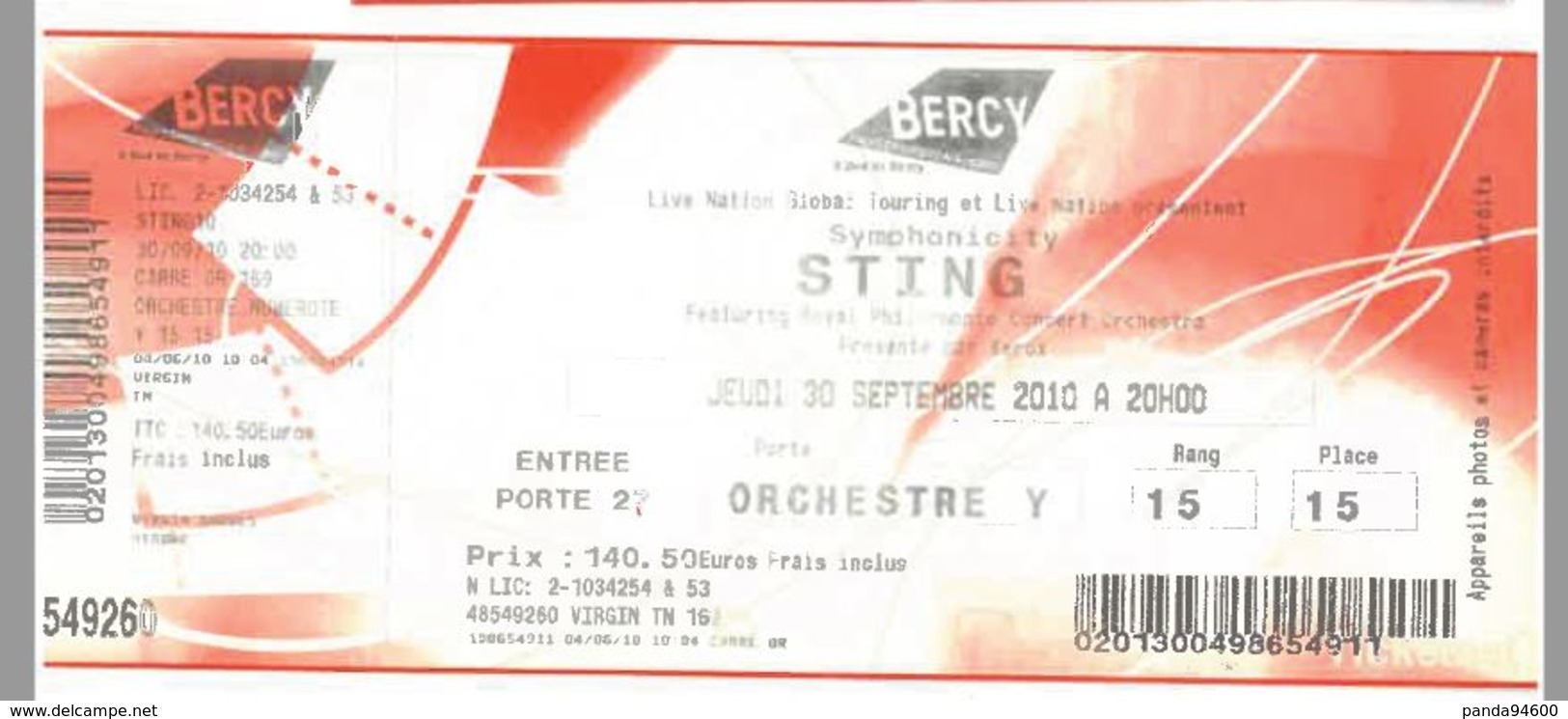 Ticket Entrée Paris Bercy Concert Sting Symphonicity 30/09/2010 - Tickets D'entrée