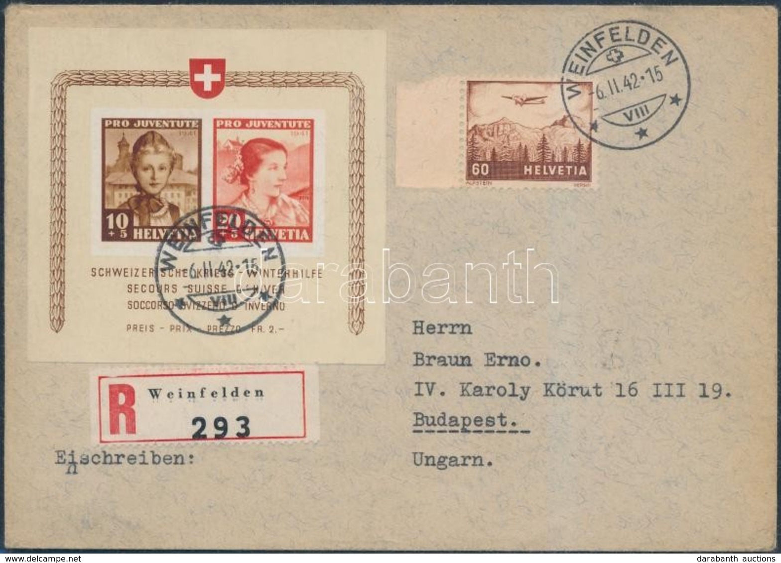 1941 Pro Juventute Blokk Mi 6 Ajánlott Levélen Budapestre / On Registered Cover To Hungary - Andere & Zonder Classificatie