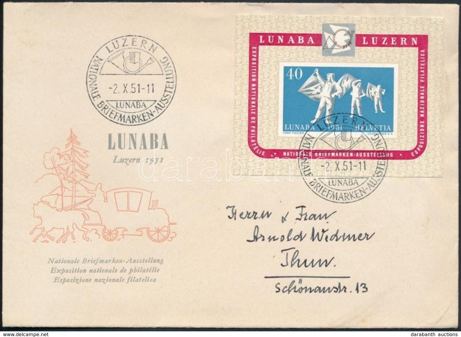 1951 LUNABA Bélyegkiállítás Blokk Levélen /LUNABA Stamp Exposition Block On Cover - Autres & Non Classés