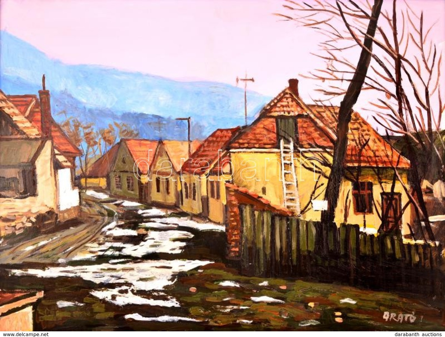 Arató István (1922-2010): Télvége Kesztölcön. Olaj, Farost, Jelzett, Keretben, 60×80 Cm - Andere & Zonder Classificatie