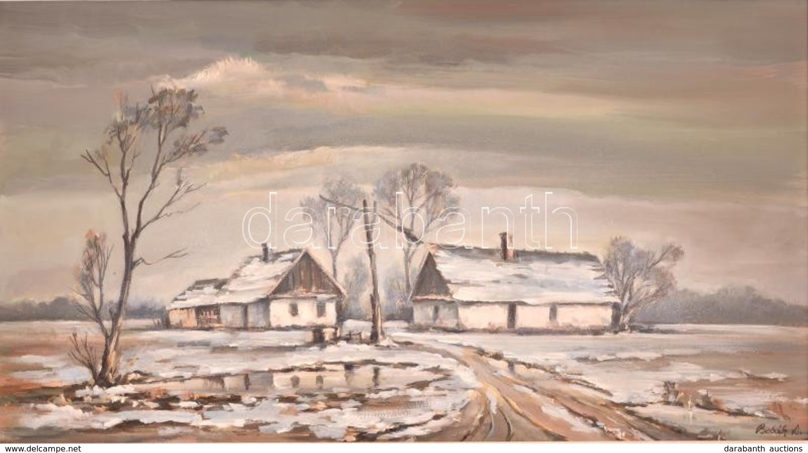 Bobák László (1950-): Tél A Tanyán. Olaj, Farost, Jelzett, Keretben, 44×80 Cm - Autres & Non Classés