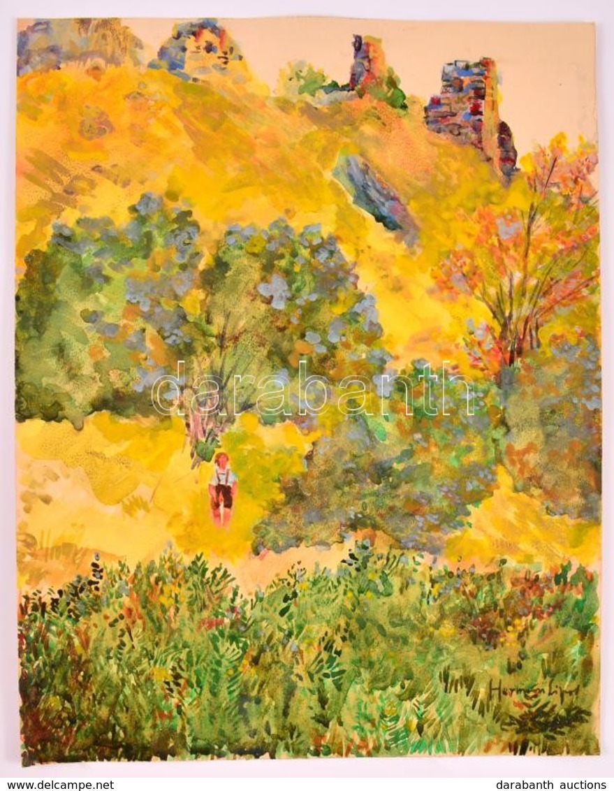 Herman Jelzéssel: Várrom Alatt. Akvarell, Papír, 44×34,5 Cm - Other & Unclassified