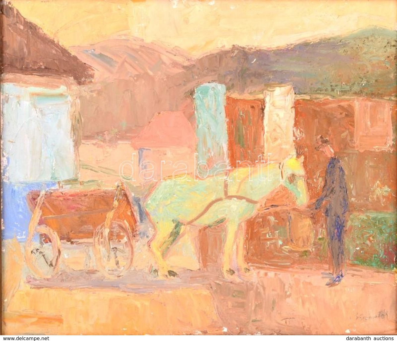 Kozma Pál (1905-1994): Lovasszekér, Olaj, Fa, Jelzett, Fa Keretben, 35×41,5 Cm - Autres & Non Classés