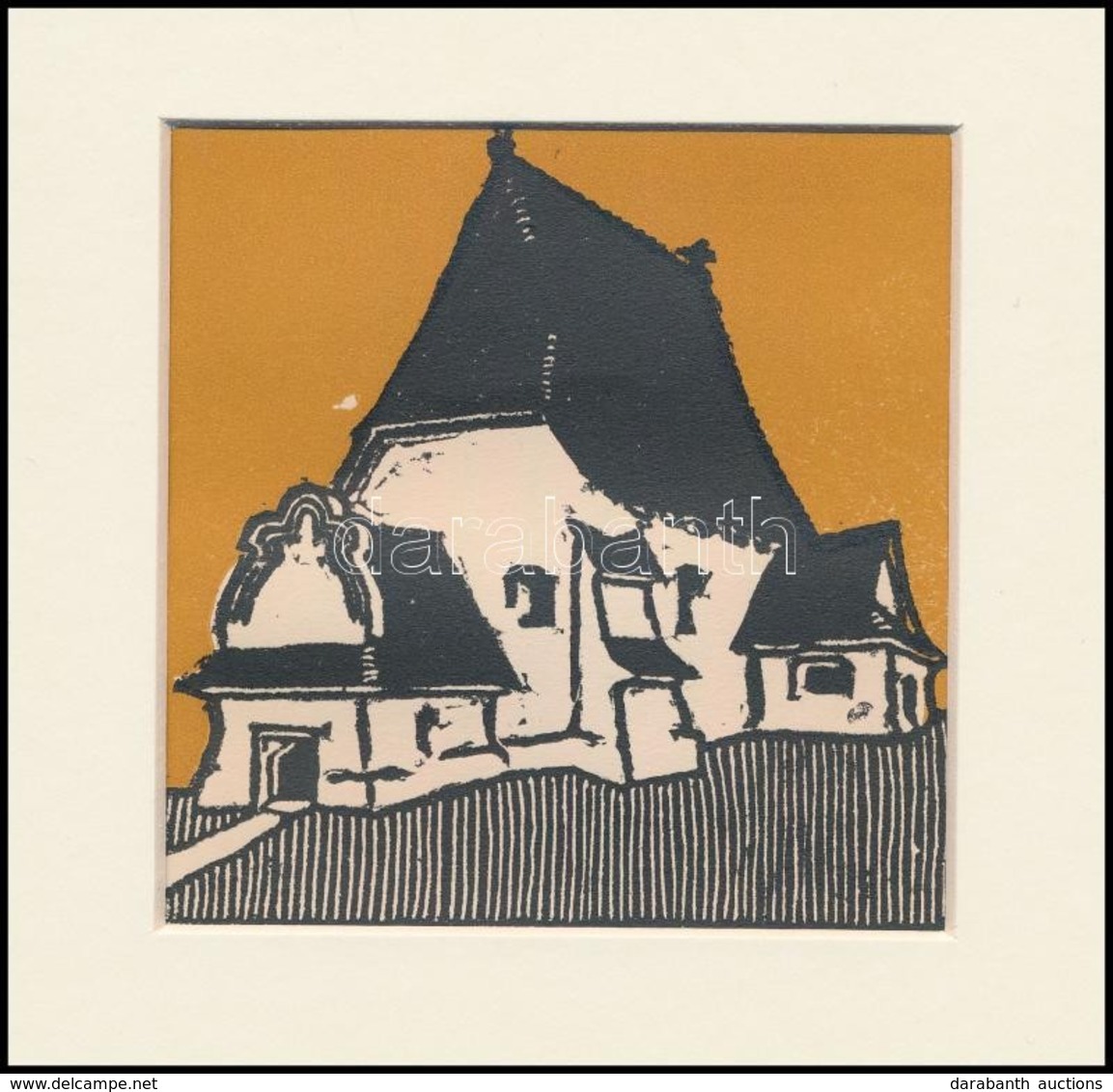 Kós Károly (1883-1977): Templom, Színes Linómetszet, Papír, Jelzés Nélkül, Paszpartuban, 10×10 Cm - Andere & Zonder Classificatie