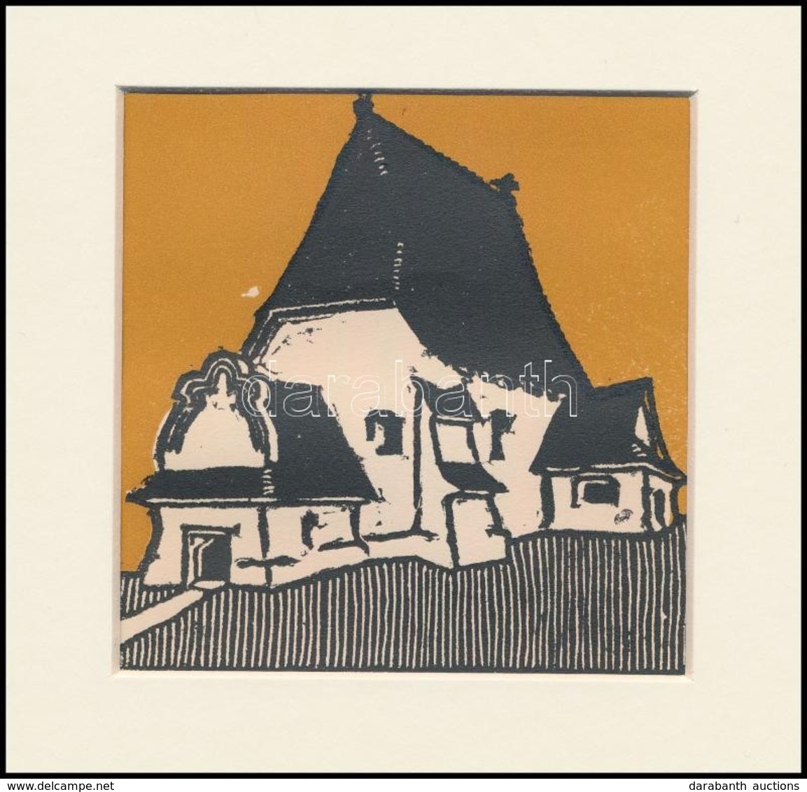 Kós Károly (1883-1977): Templom, Színes Linómetszet, Papír, Jelzés Nélkül, Paszpartuban, 10×10 Cm - Autres & Non Classés