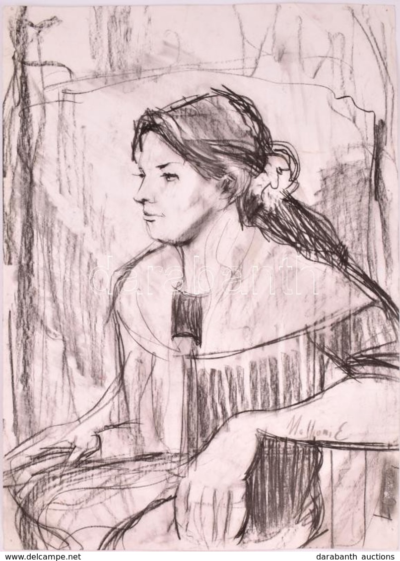 Mattioni Jelzéssel: Női Portré. Szén, Papír, 59×42 Cm - Autres & Non Classés