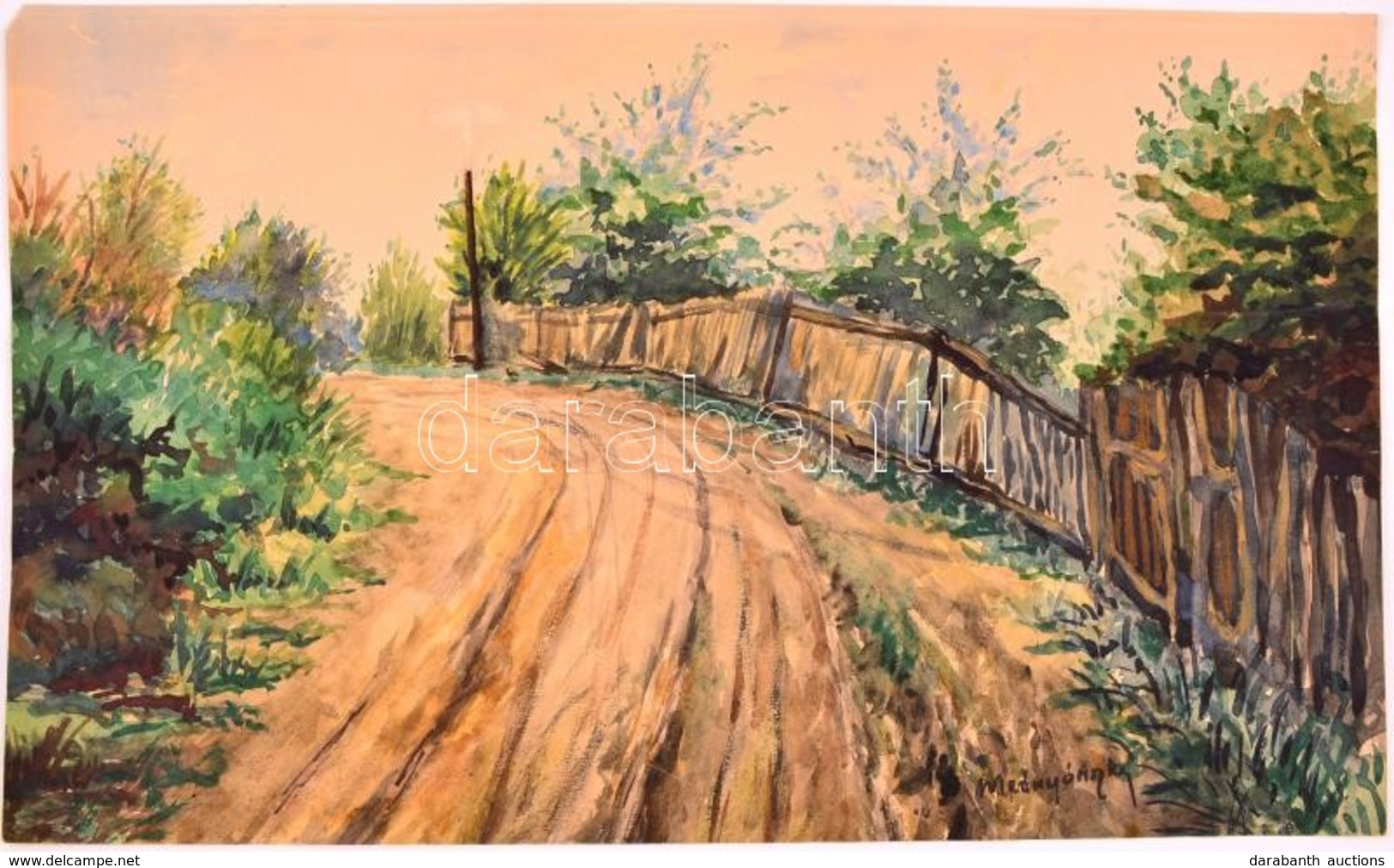 Mednyánszky Jelzéssel: Kanyarodó út. Akvarell, Papír, 25×42 Cm - Autres & Non Classés