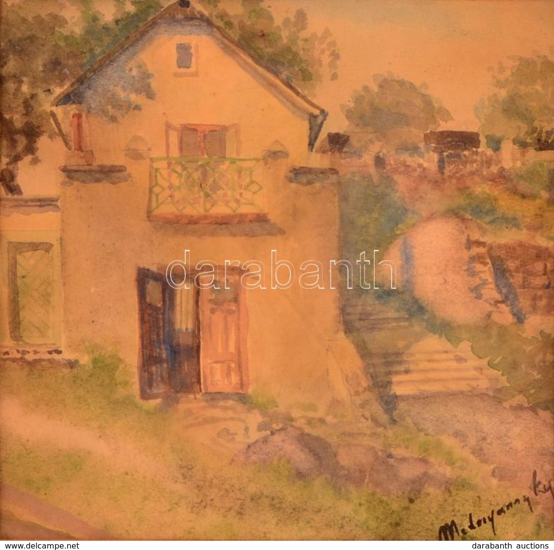 Mednyánszky Jelzéssel: Ház A Lépcsősornál. Akvarell, Papír, üvegezett Keretben, 17,5×18 Cm - Autres & Non Classés