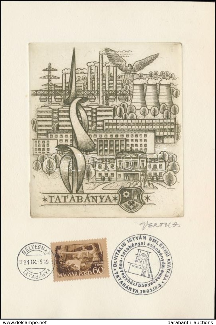 Vertel József (1922-1993): Tatabánya. Rézkarc, Papír, Jelzett, 10x11 Cm. Alkalmi Bélyegzéssel - Sonstige & Ohne Zuordnung