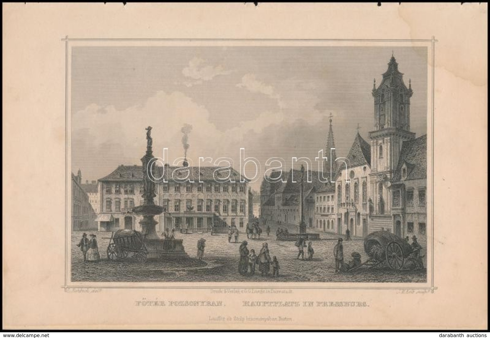 Cca 1860 Ludwig Rohbock (1820-1883): Főtér Pozsonyban. Sarkán Folt / Pressburg. Acélmetszet. 17x14 Cm - Stiche & Gravuren