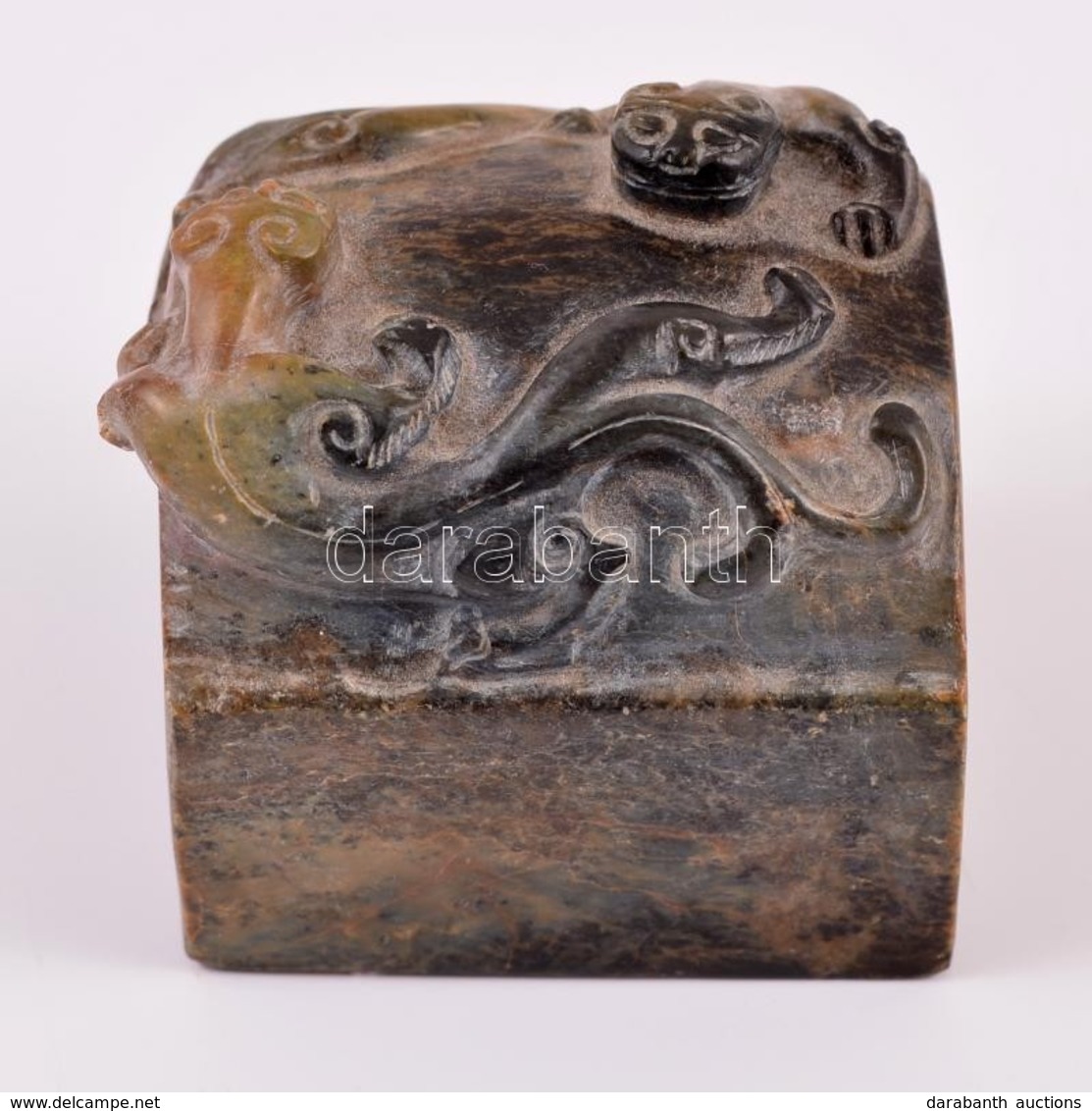 Békákat ábrázoló, Régi Kínai Jáde Pecsétnyomó / Antique Jade Chinese Seal Maker With Frog Figures Ornaments 6x5 Cm - Autres & Non Classés