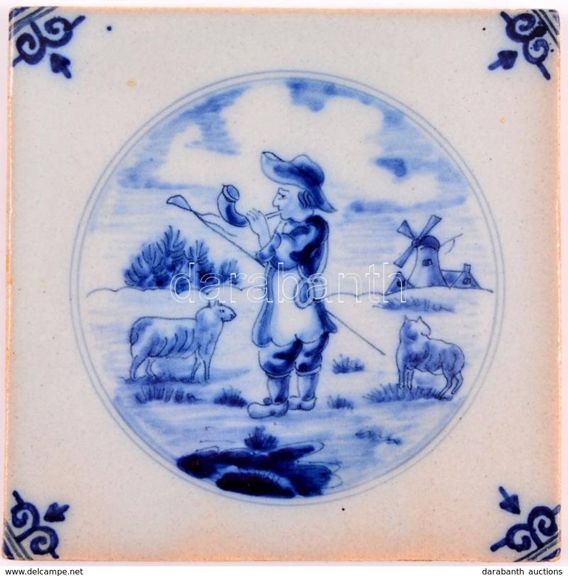 Cca 1870 Holland Festett Csempekép, Mázas Kerámia, Jelzés Nélkül, Apró Kopás Nyomokkal, 13×13 Cm - Autres & Non Classés