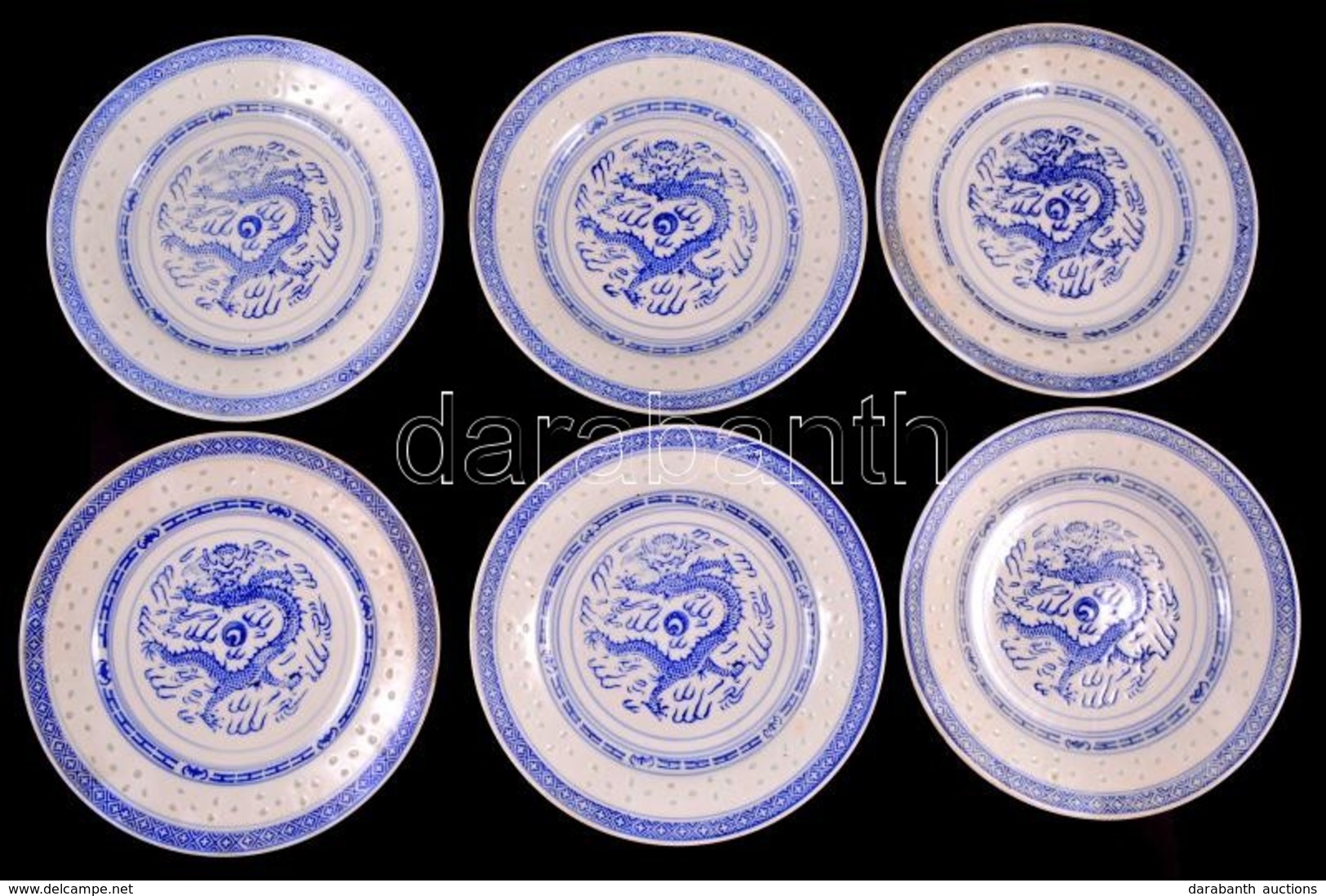 6 Db Kékfestéses Kínai Porcelán Tányér, Jelzettek, Kopásokkal, D: 22,5 Cm - Andere & Zonder Classificatie