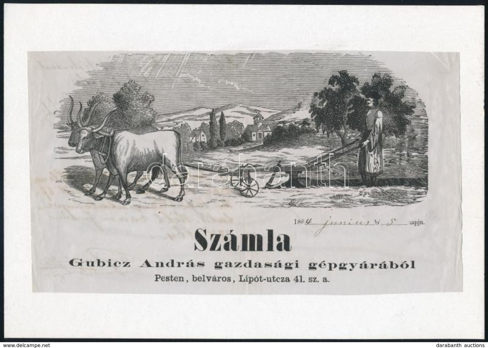 1864 Pest, Gubicz András Gazdasági Gépgyára Díszes Számla Fejléce, Kartonra Ragasztva - Ohne Zuordnung