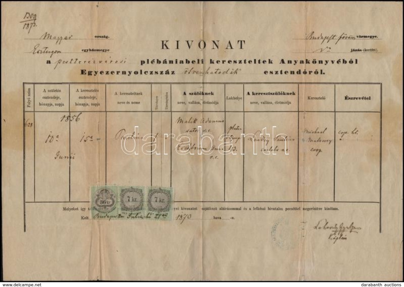 1870 Budapest, Római Katolikus Keresztelési Anyakönyvi Kivonat, Okmánybélyegekkel - Unclassified