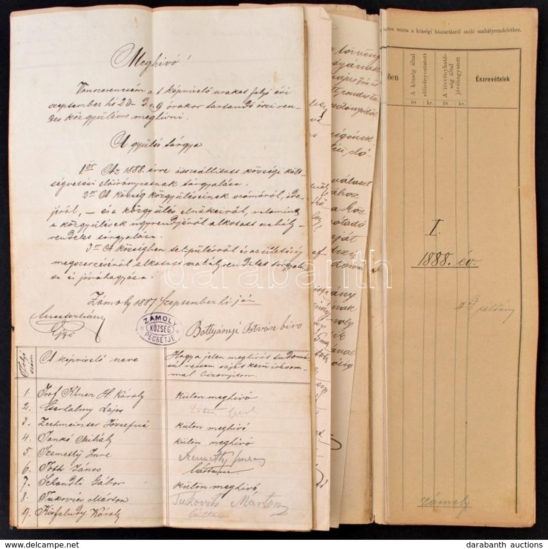 1888 Zámoly Község Költségvetése, Testületi Meghívóval, Jegyzőkönyvi Kivonattal. Kézzel írt. - Ohne Zuordnung