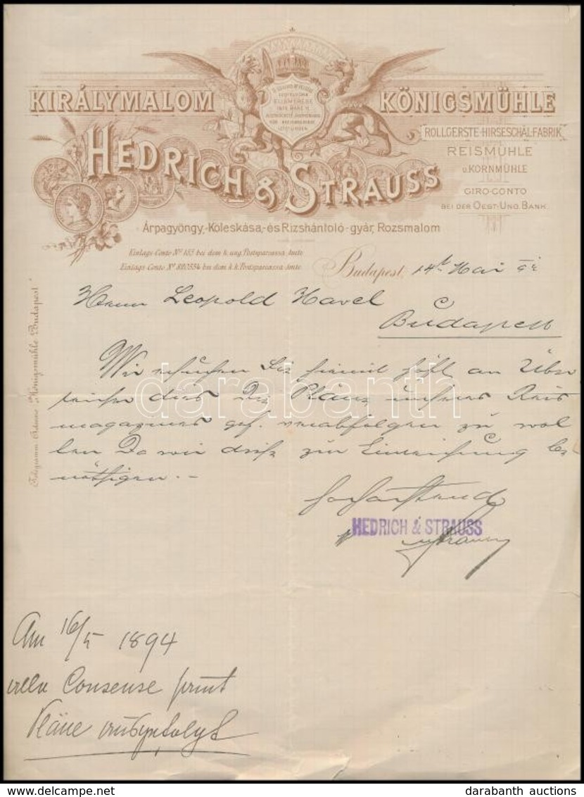 1894 Bp., A Hedrich & Strauss Királymalom Fejléces Levélpapírjára írt Levél - Unclassified