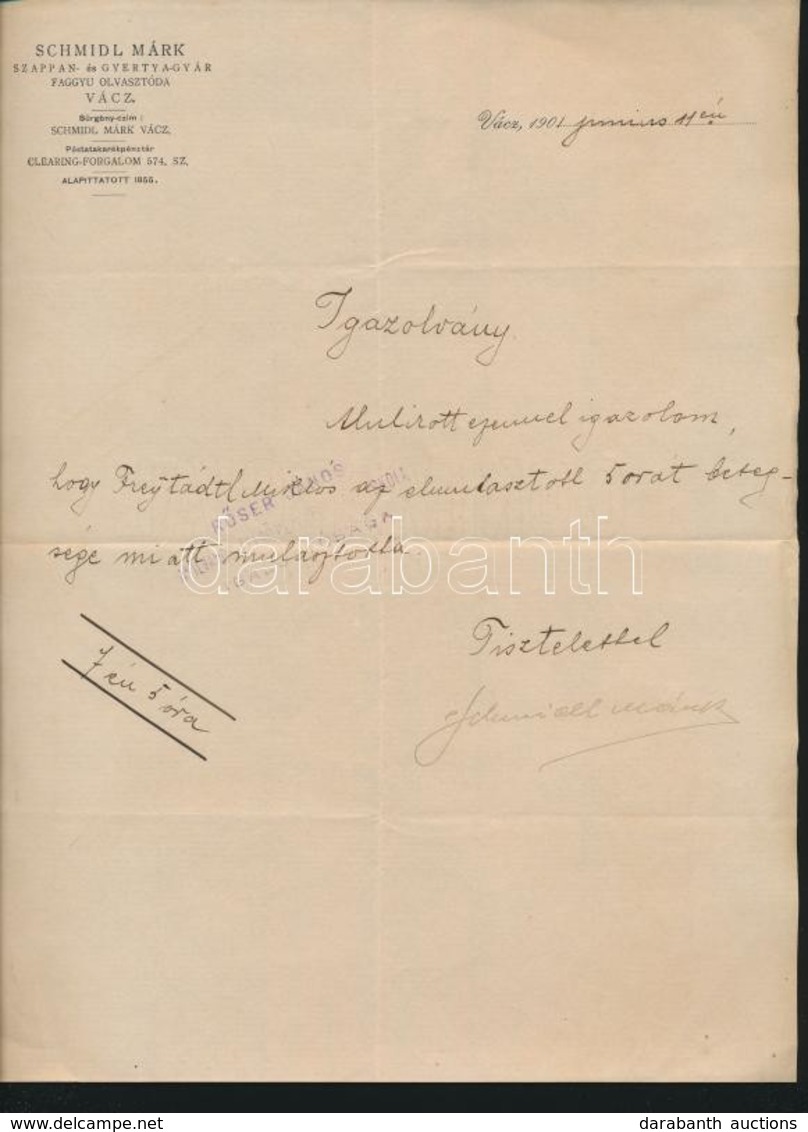 1901 Vác, Schmidl Márk Szappan- és Gyertyagyár Faggyú Olvasztóda Fejléces Levélpapírjára írt Igazolvány - Ohne Zuordnung