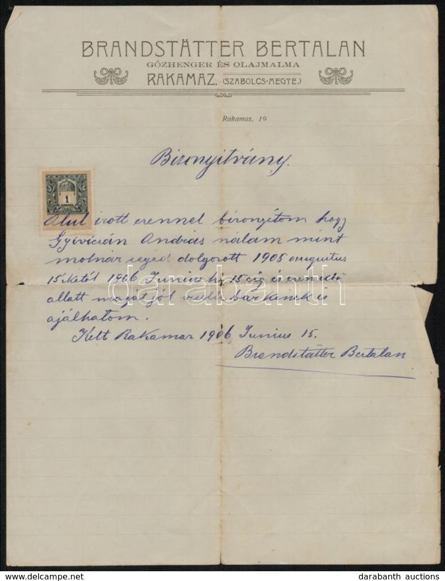 1906 Rakamaz, Brandstätter Bertalan Gőzhenger és Olajmalma Fejléces Számla - Ohne Zuordnung
