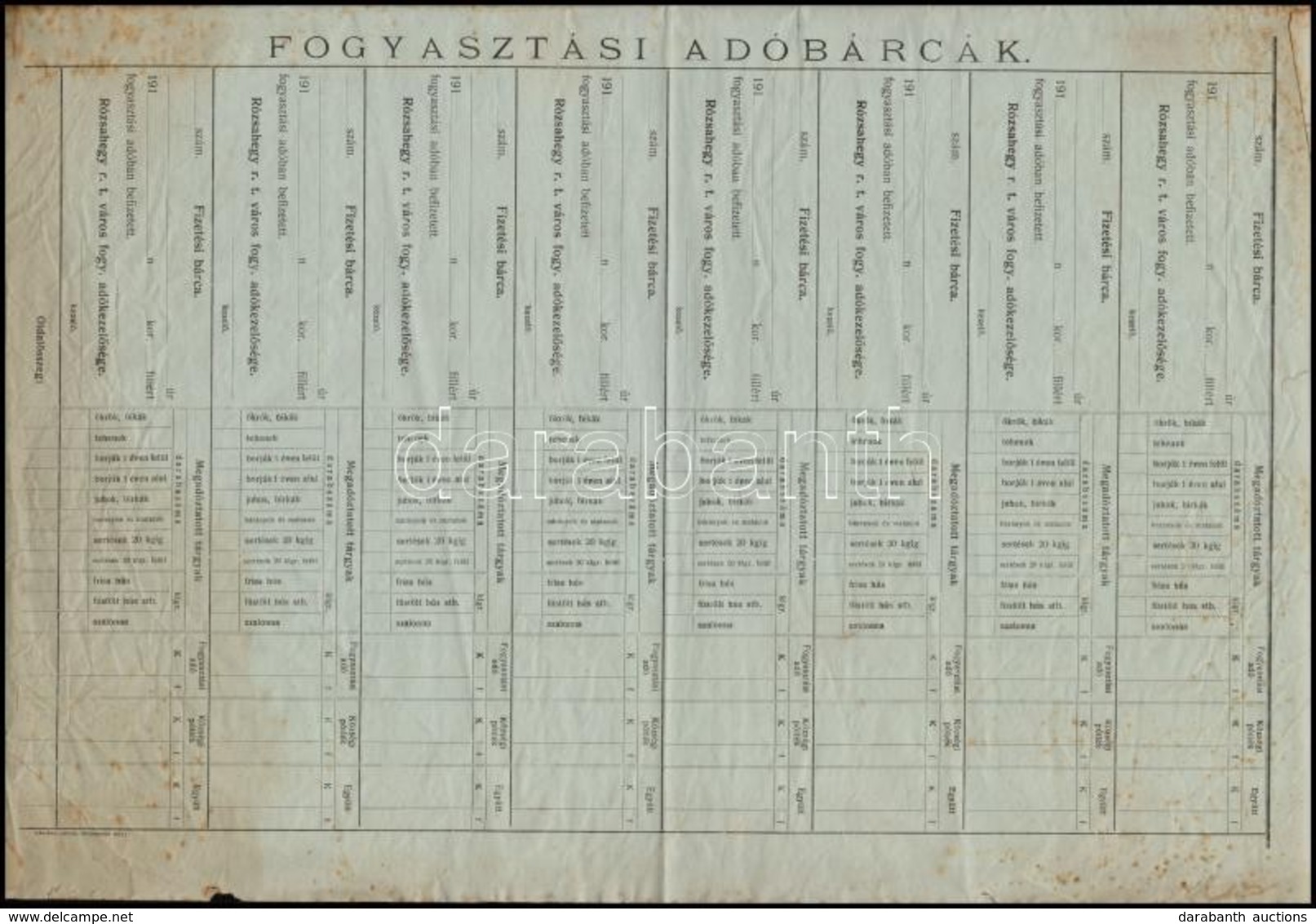 Cca 1910 Rózsahegy. Fogyasztási Adóbárca Teljes ív. Hajtásnyomokkal 30x46 Cm - Unclassified