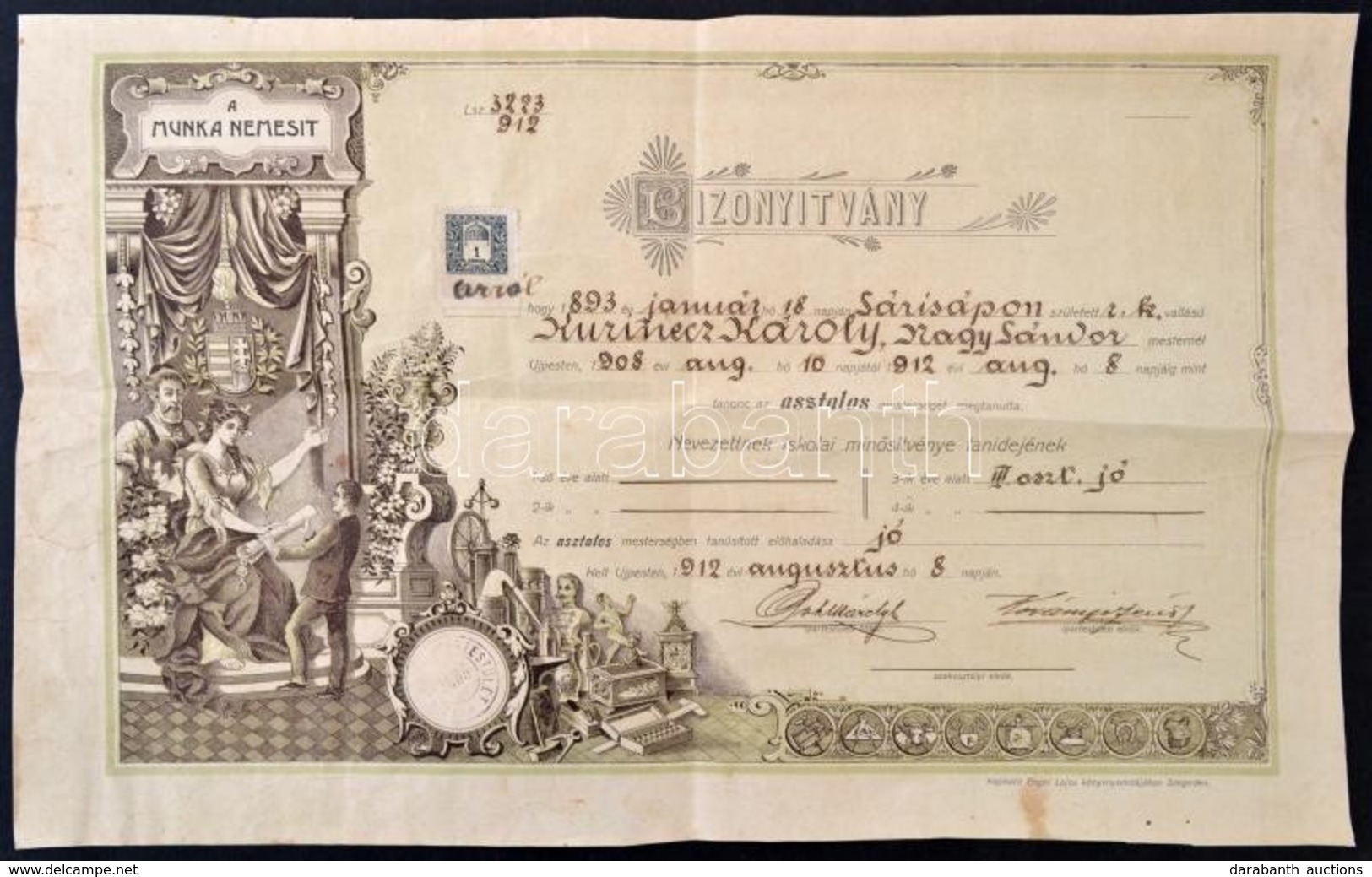 1912 Oklevél újpesti Asztalos Részére. 45x29 Cm - Unclassified