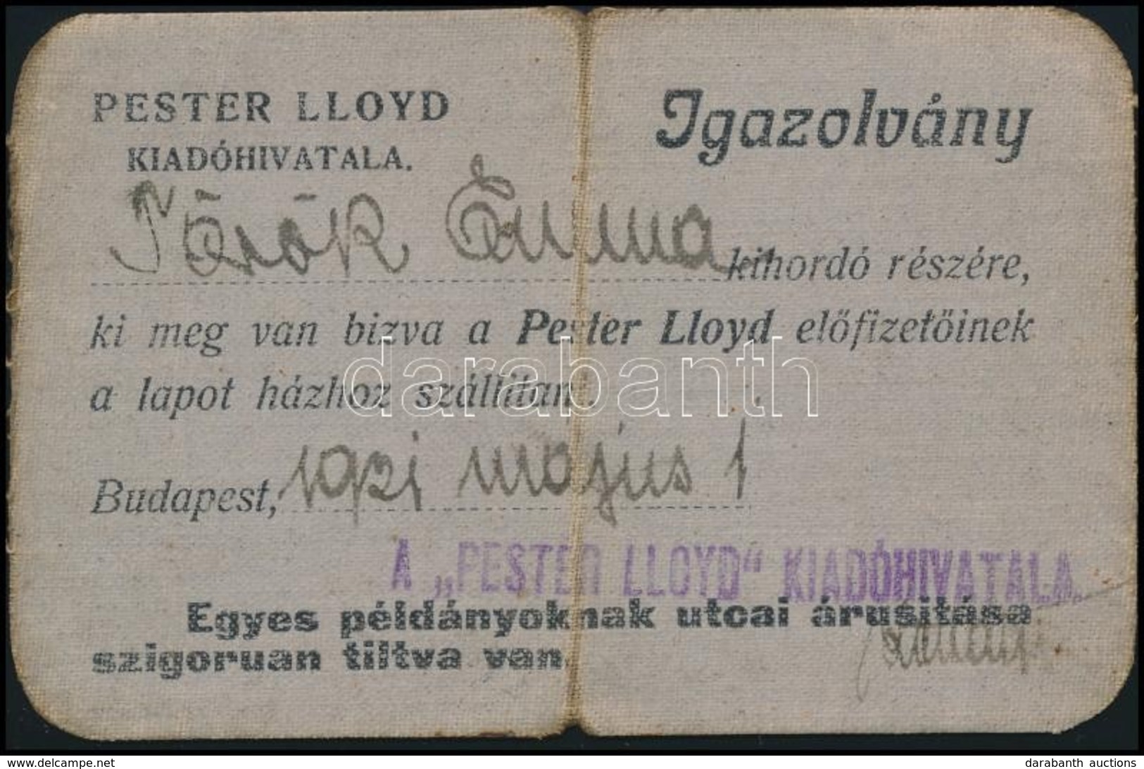 1921 Igazolvány Pester Lloyd Kihordója Részére - Zonder Classificatie