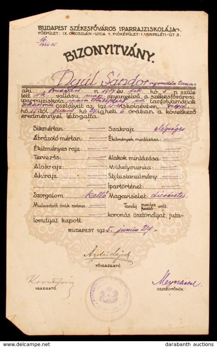 1925 Budapest Székesfőváros Iparrajziskola 2db Bizonyítványa - Unclassified