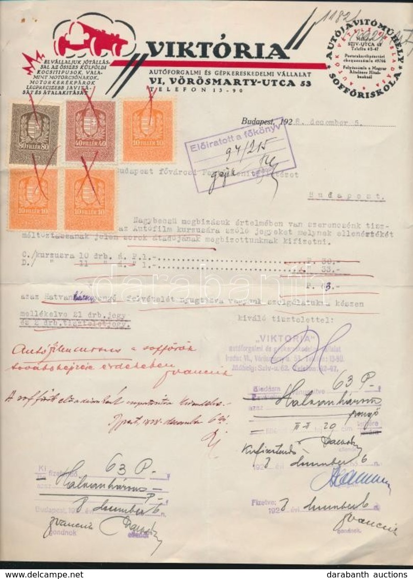 1928 Bp., Viktória Autóforgalmi és Gépkereskedelmi Vállalat Nyugtája Okmánybélyegekkel - Unclassified