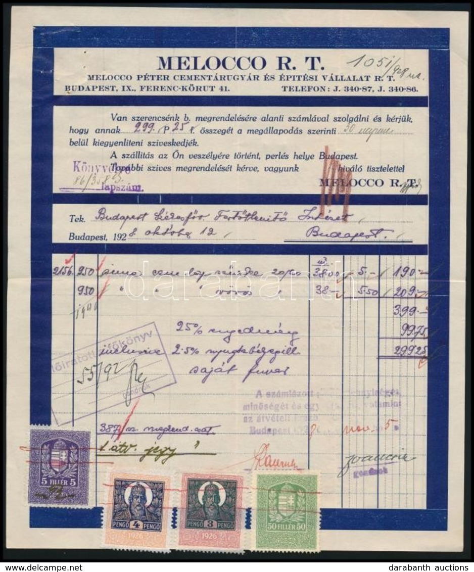 1928 Bp., Melocco Péter Cementárugyár és Építési Vállalat Rt. Fejléces Számlája Okmánybélyegekkel - Unclassified