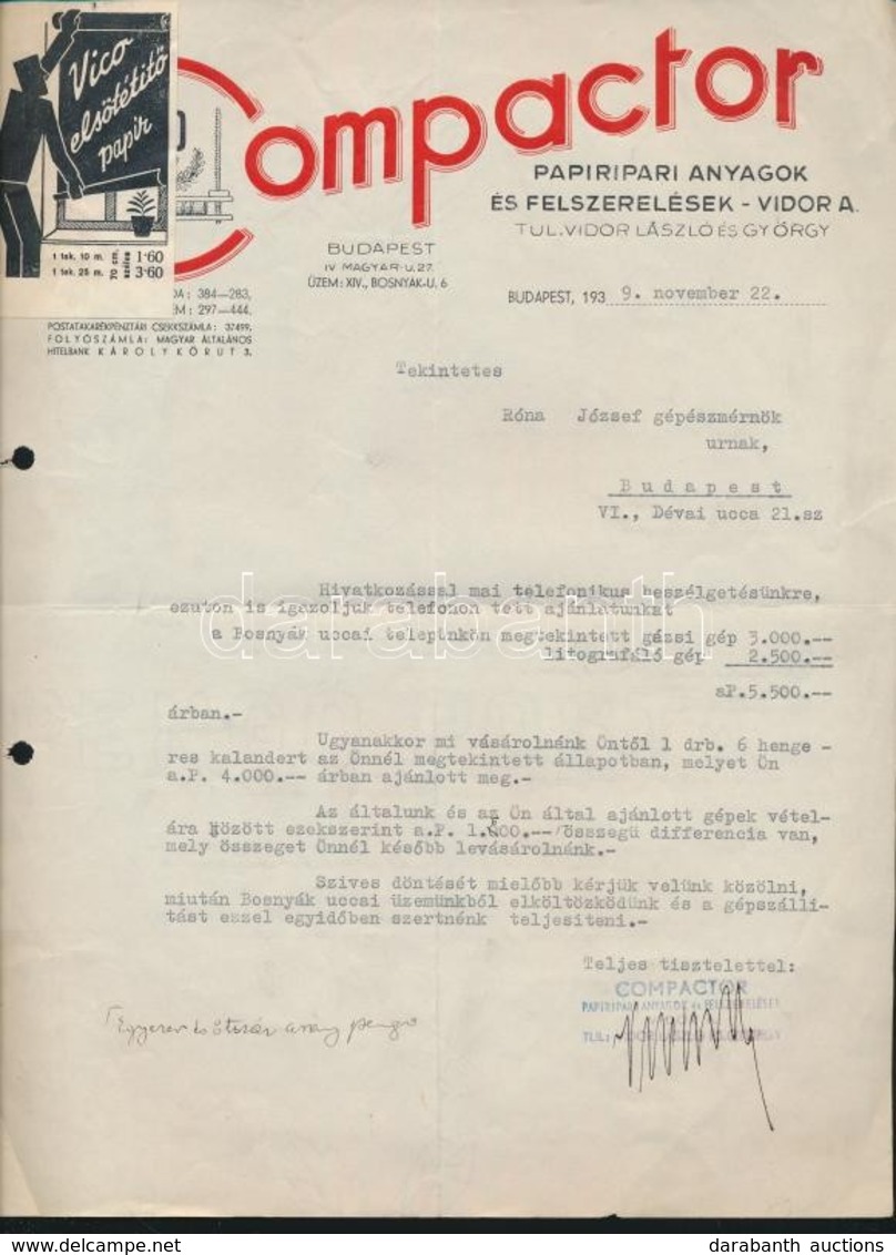 1939 Bp., Compactor Papíripari Anyagok és Felszerelések Fejléces Levélpapírjára írt Levél - Non Classés