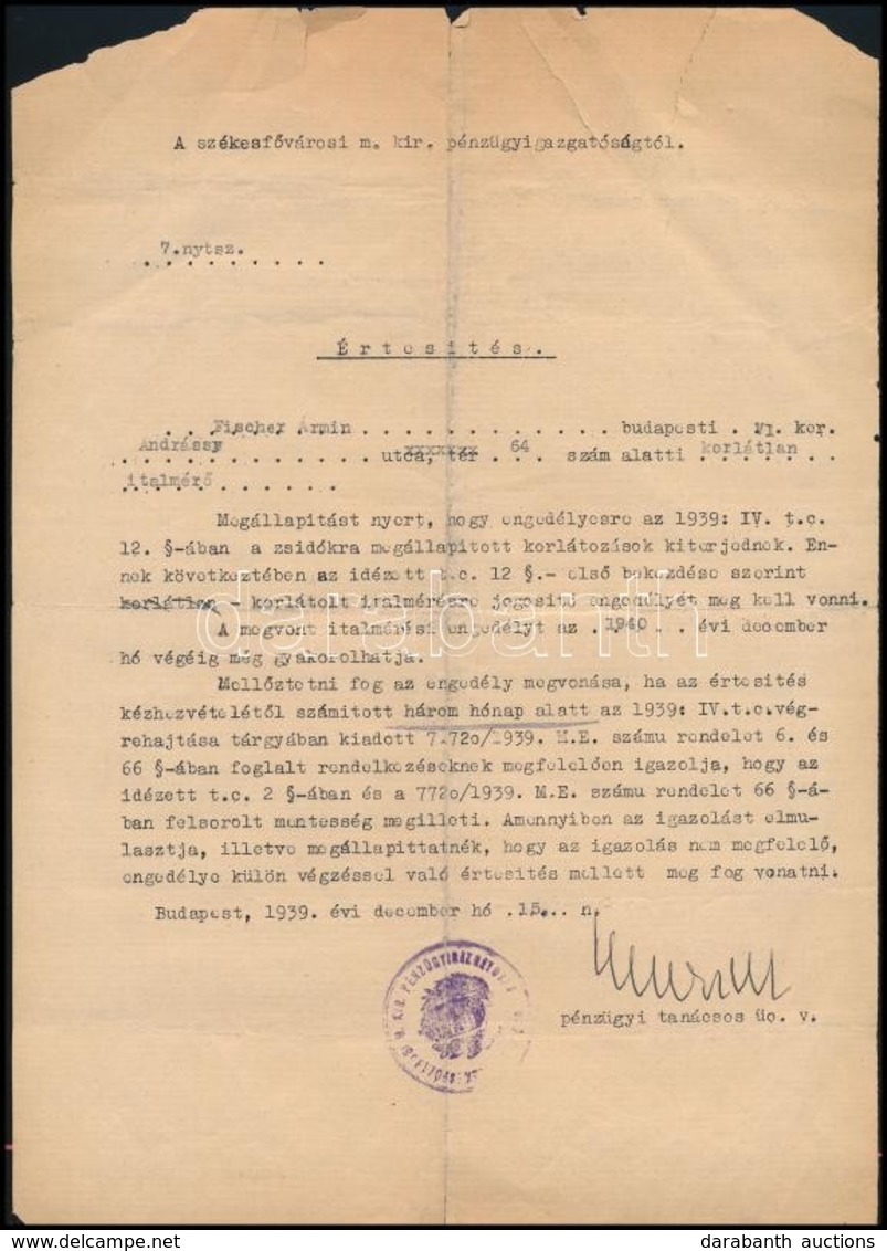 1939 Bp., A Székesfővárosi M. Kir. Pénzügyigazgatóság által Kiküldött értesítás - Ohne Zuordnung