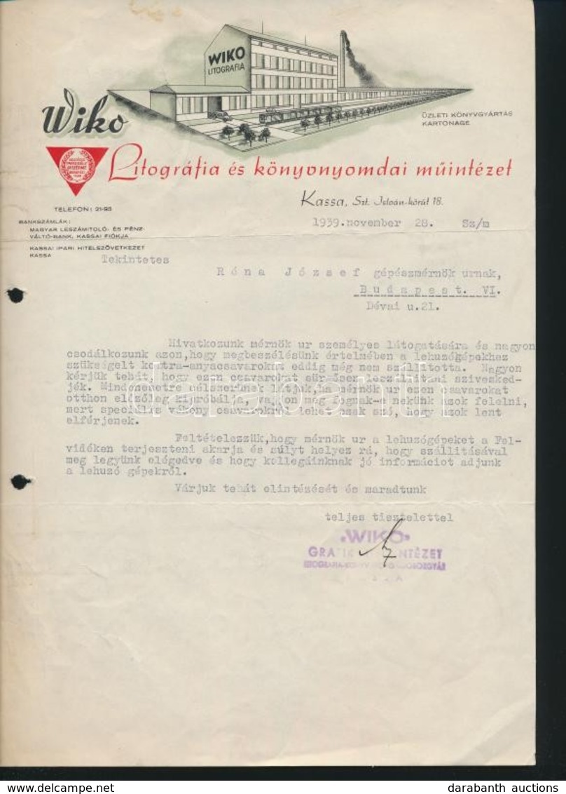 1939 Kassa, Wiko Litográfia és Könyvnyomdai Műintézet Fejléces Levélpapírjára írt Levél - Non Classés