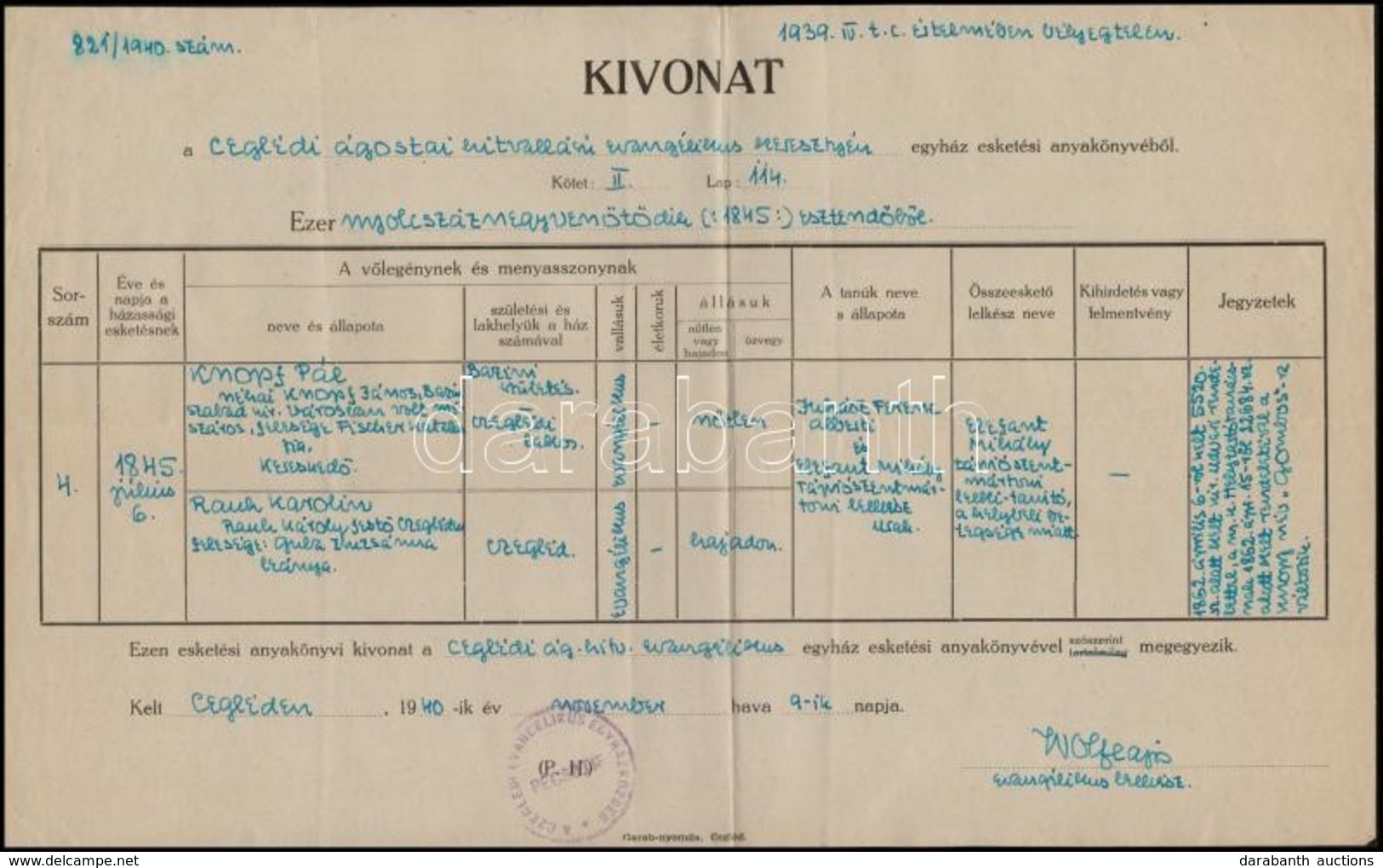 1940 Cegléd, Evangélikus Keresztelési Anyakönyvi Kivonat - Zonder Classificatie