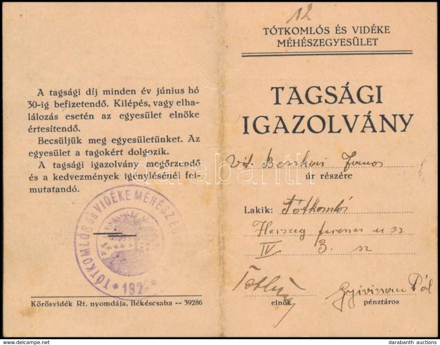 1940 Tótkomlós és Vidéke Méhész Igazolvány - Zonder Classificatie