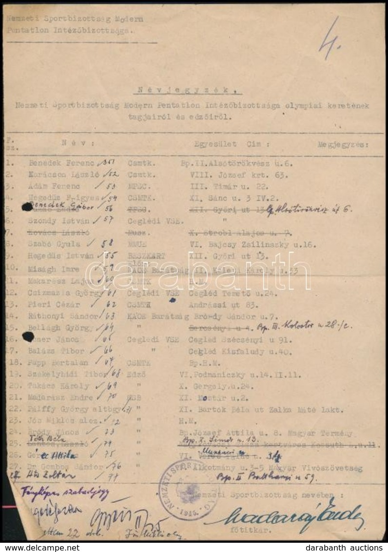 Cca 1945 Nemzeti Sportbizottság Modern Pentatlon Intézőbizottsága által összeállított Névjegyzék - Zonder Classificatie
