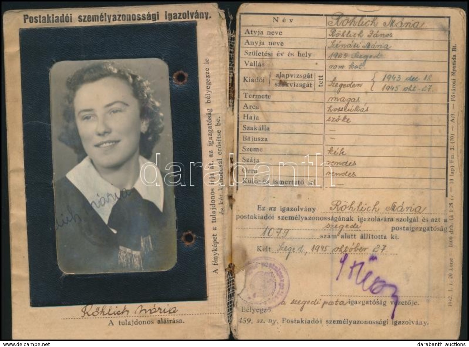 1946 Postakiadói Igazolvány. Fényképes - Ohne Zuordnung
