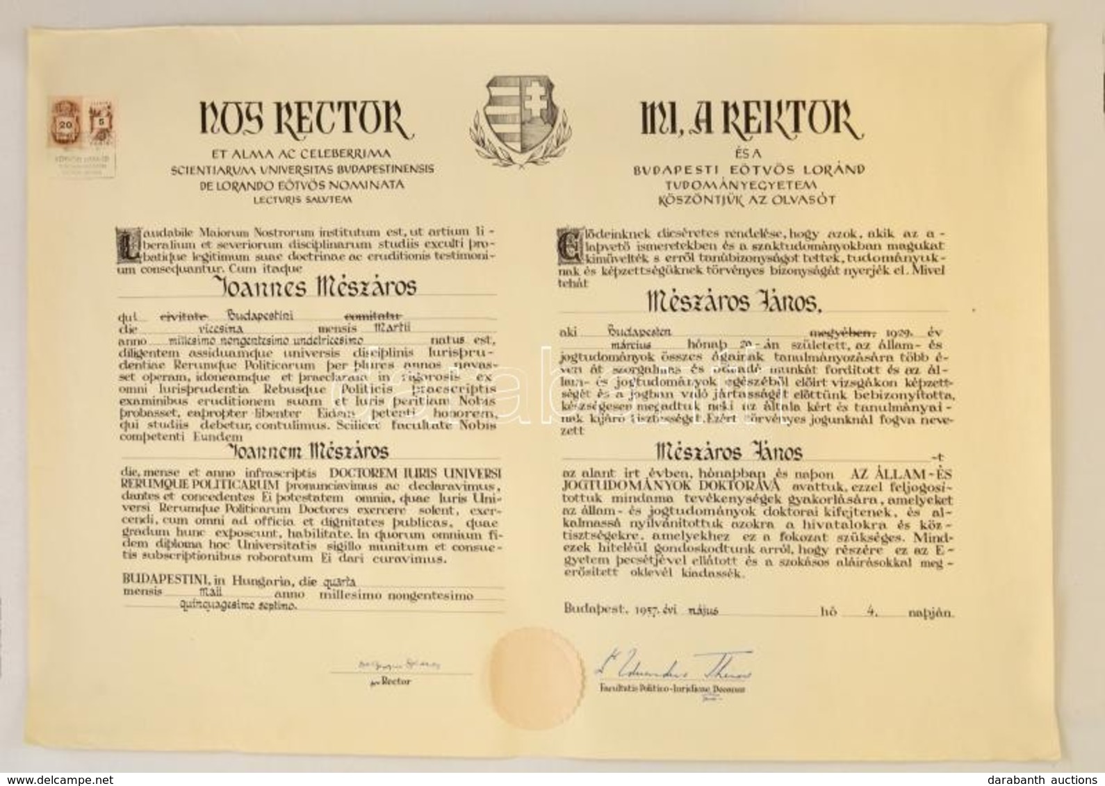 1957 Nemzeti Kiscímerrel ('Kossuth-címer') Díszített ELTE állam és Jogtudományi Doktori Diploma, Székely György (1924-20 - Non Classés