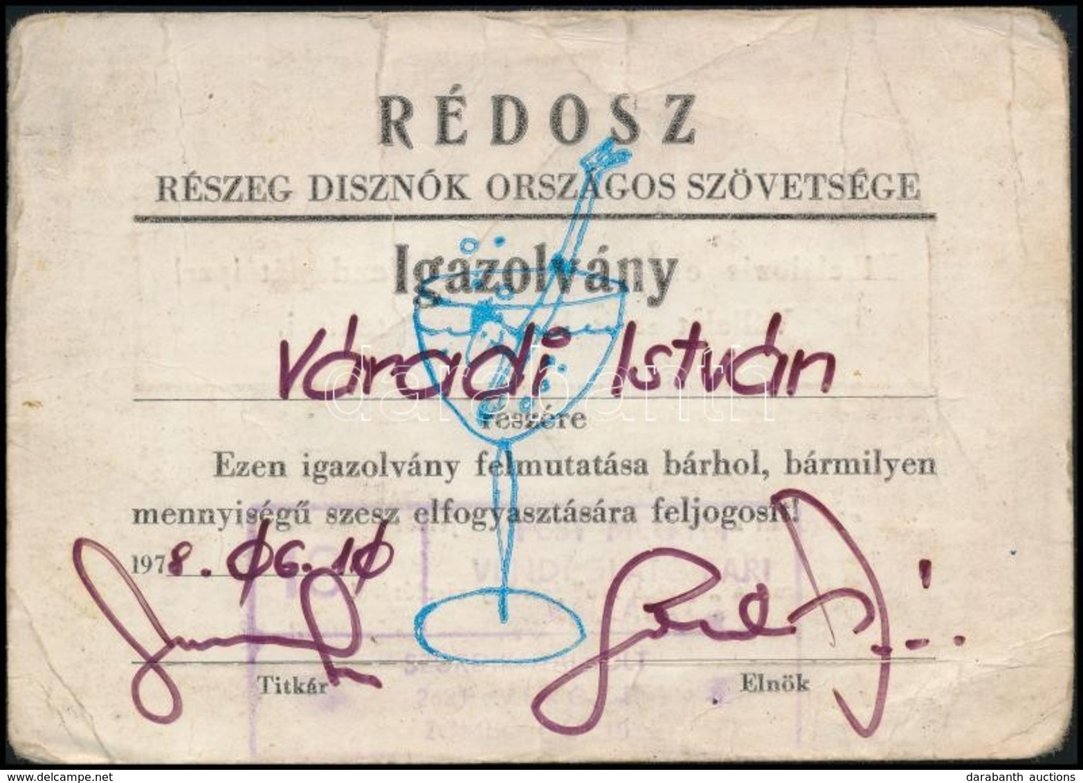 1978 RÉDOSZ RÉszeg Disznók Országos Szövetsége Igazolvány. - Zonder Classificatie