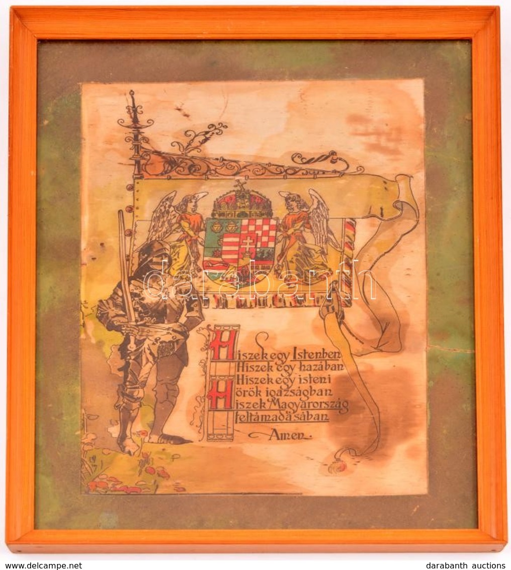 Cca 1920 Magyar Hiszekegy, Festett  Selyemkép, Foltos, Paszpartuban, üvegezett Fa Keretben, 40×26 Cm - Non Classés