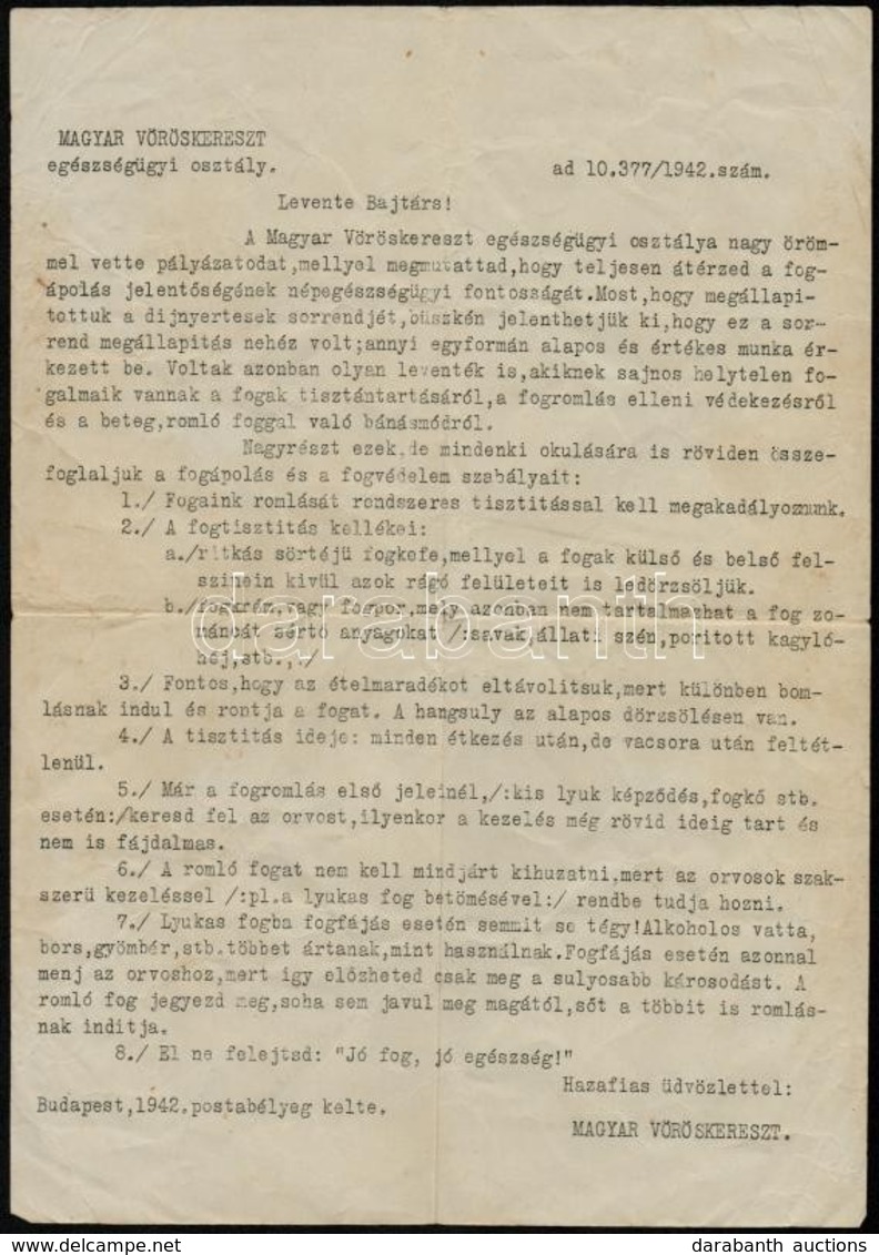 1942 Magyar Vöröskereszt Egészségügyi Osztályának Gépelt Levele Levente Részére, Beérkezett Fogászati Pályázat ügyében - Zonder Classificatie