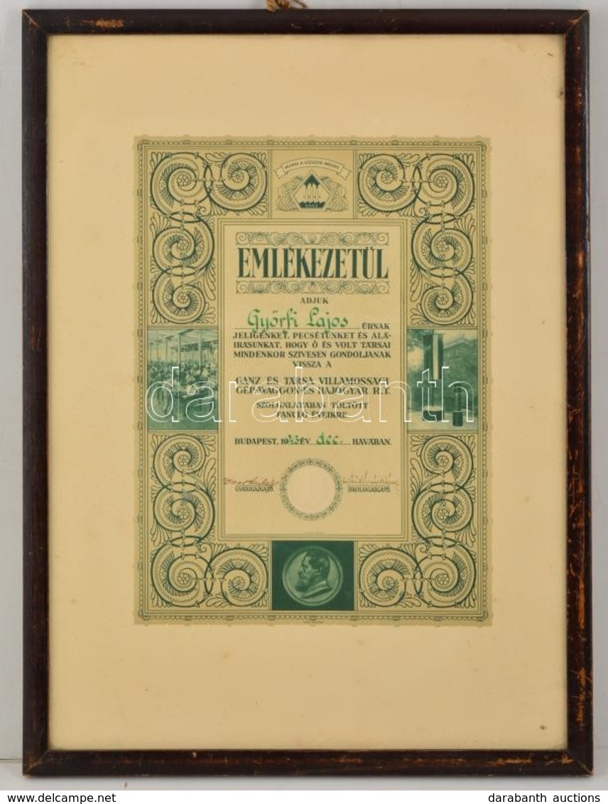 1943 Ganz és Társa Villamossági Gép-, Waggon és Hajógyár Rt. Díszes Emléklapja A Gyár- és Iskolaigazgató Aláírásával, Sz - Non Classés