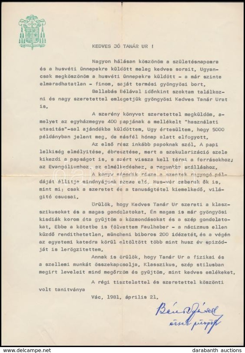 1981 Bánk József (1911-2002) Váci érsek-püspök Gépelt, Kézzel Aláírt Levele Kecskés Péter Gyöngyösi Tanárnak Személyes ü - Unclassified