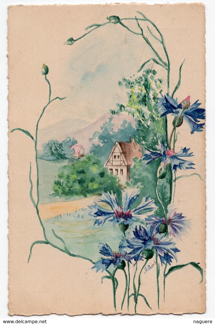 PAYSAGE FLEURS  AQUARELLE REALISEE SUR CARTE POSTALE ANCIENNE  NON SIGNEE - Aquarelles