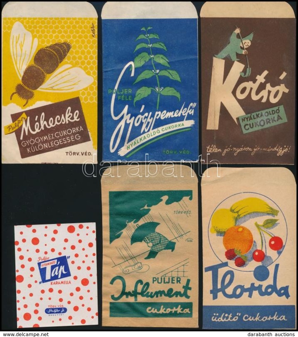 Cca 1940 6 Féle Gyógyszertári Gyógycukorka Reklámos Papírtasak és Címke (1 Db) / Pharmacy Pills Bags And Labels - Reclame