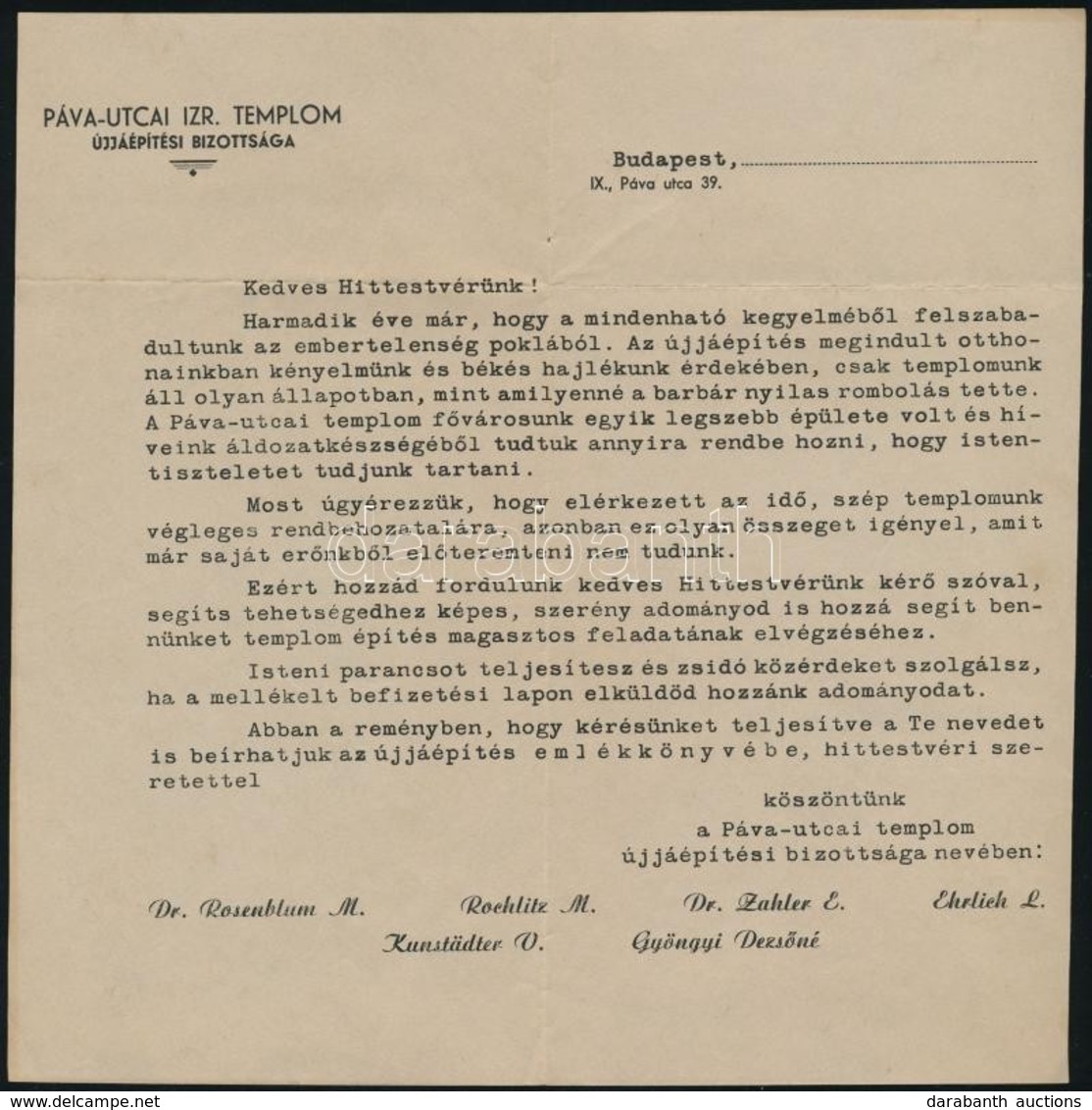 1948 Bp., A Páva Utcai Izraelita Templom újjáépítő Bizottságának Adománykérő Levele, Fejléces Papíron - Autres & Non Classés